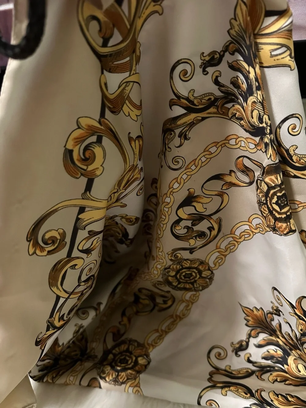 H&M Cream Scarf with Gold and Black Baroque Scroll Print